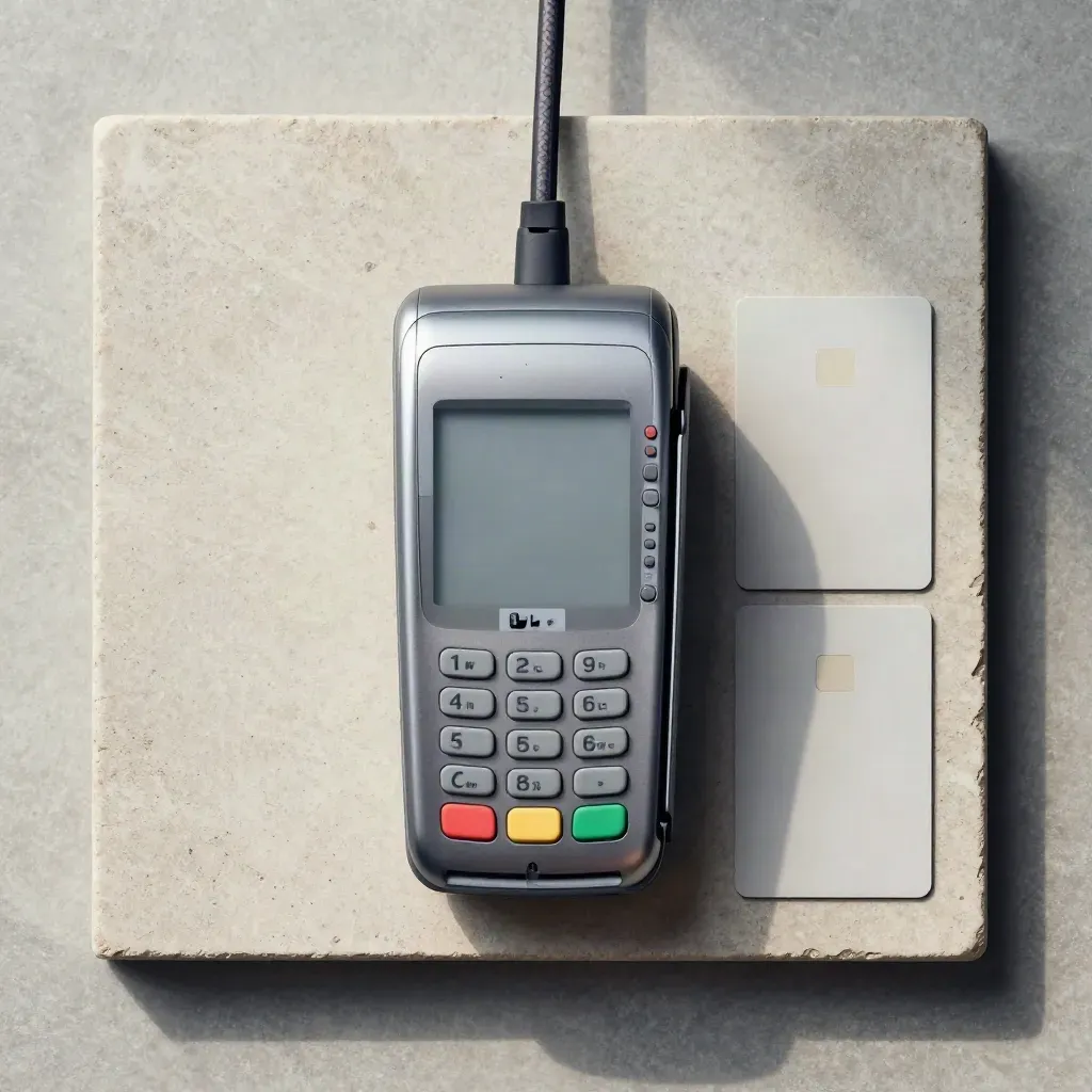 Overhead flatlay of a card terminal shell, two cards and braided cable on stone