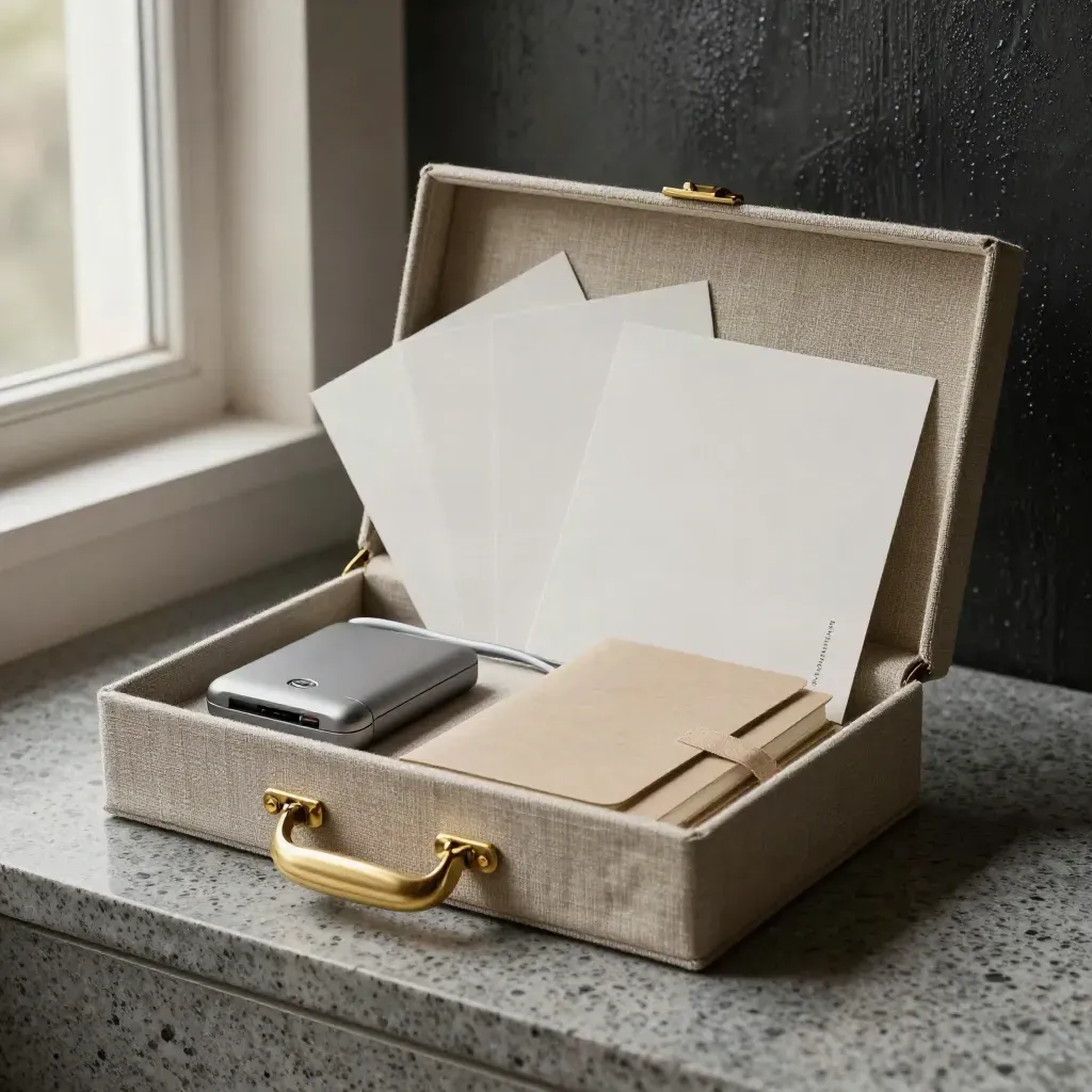 Open startup kit box with notebook, card reader shell, cable and brass hardware on stone.