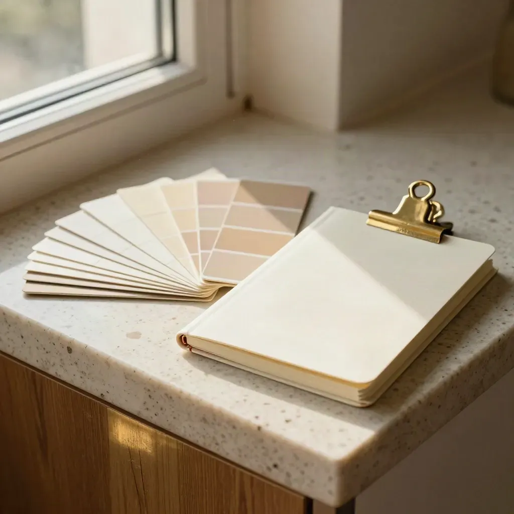 Starter brand kit with swatches, blank cards, brass clip and notebook on travertine.