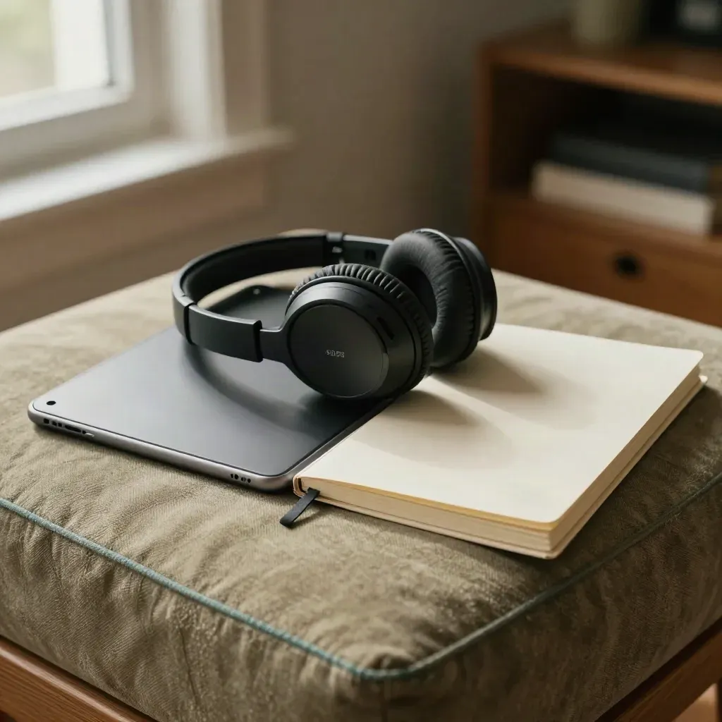 Headset on a closed training notebook beside a tablet and folded card on a linen ottoman.
