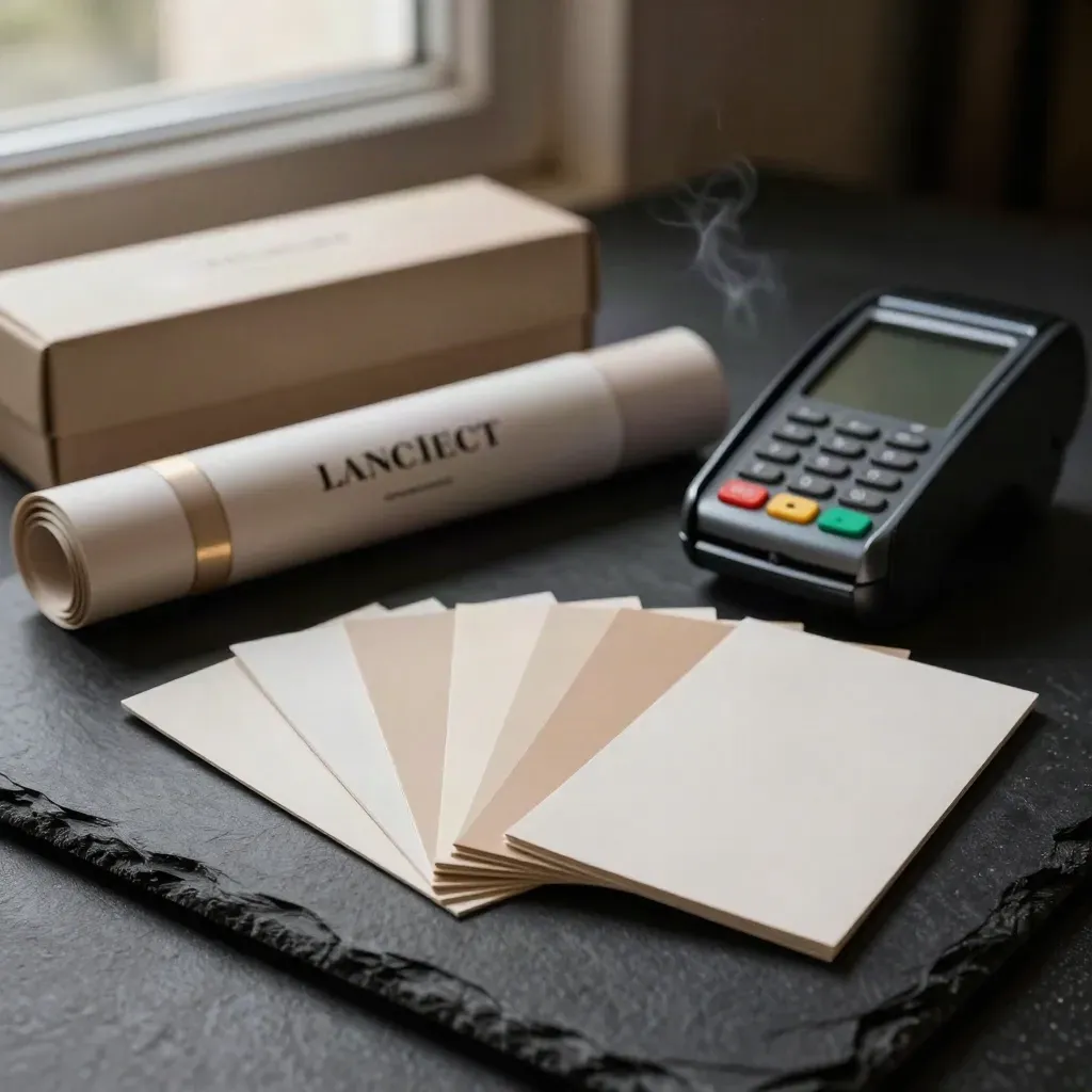 Launch kit objects fanned on black slate: box, banner rolls, swatches, payment terminal shell, blank cards.