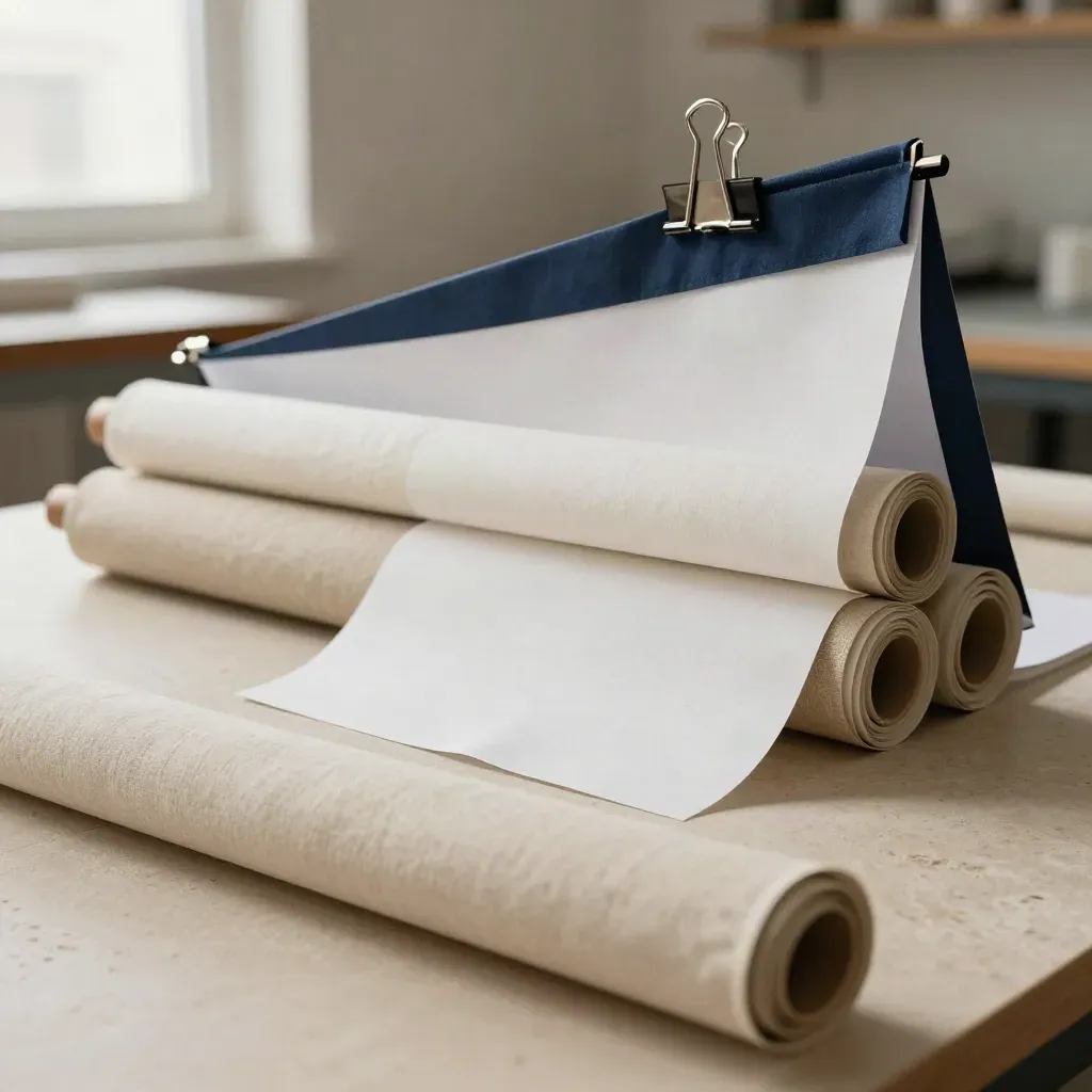 Rolled fabric banners with paper mockups and a binder clip on a pale limestone workbench.