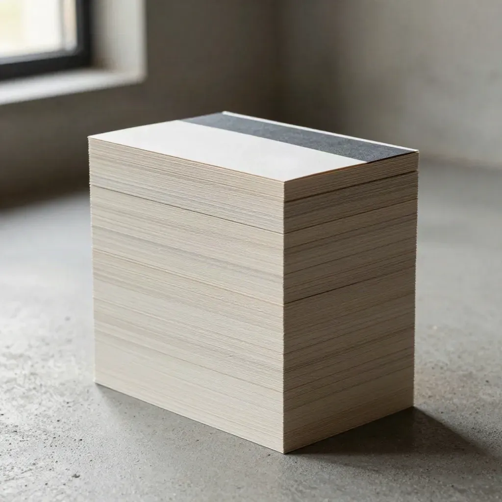 Side-on macro of stacked sample boxes and nested tabs on concrete, lit with raking daylight.