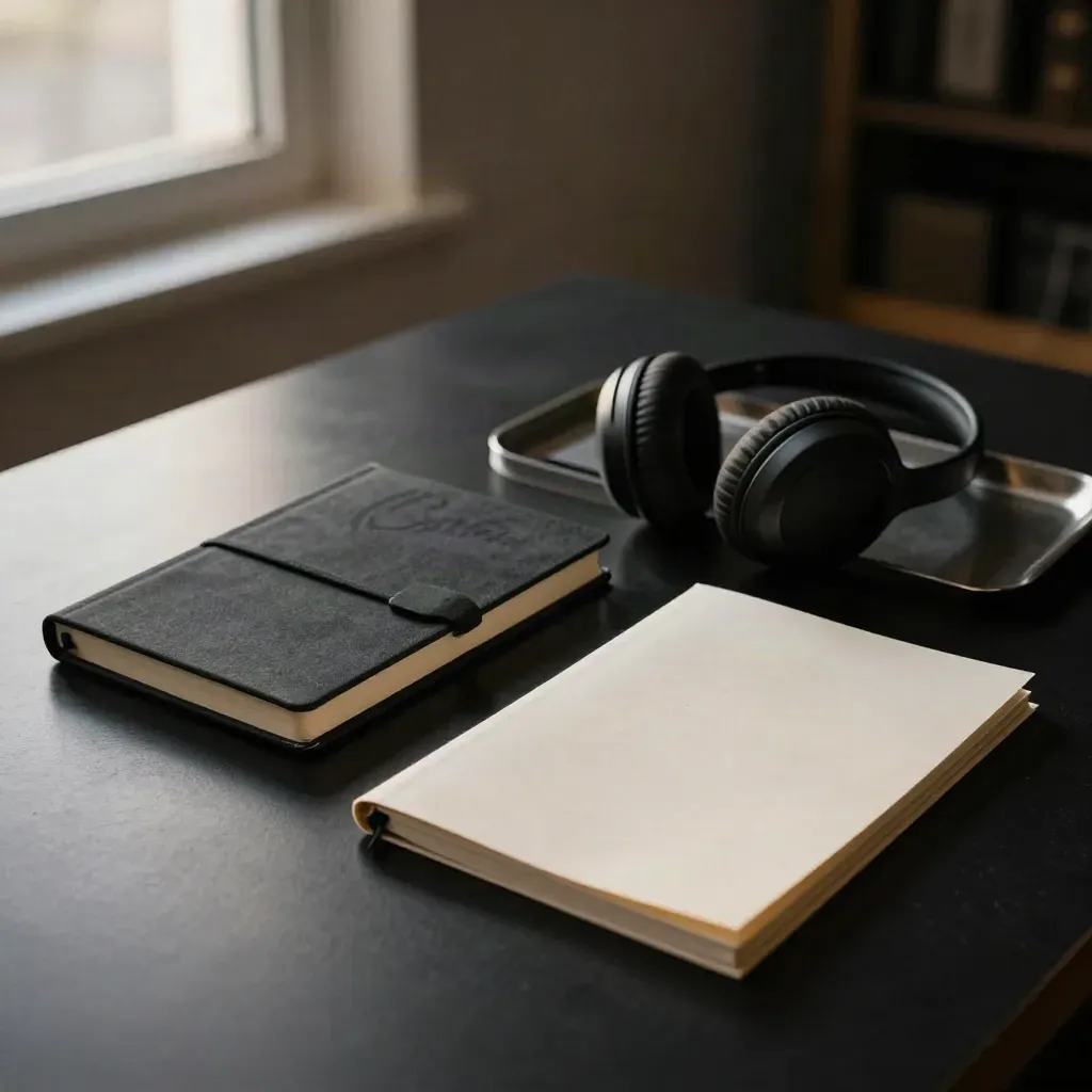Store audit call kit with notebook, headset, brief sheet and tray on a dark studio surface.