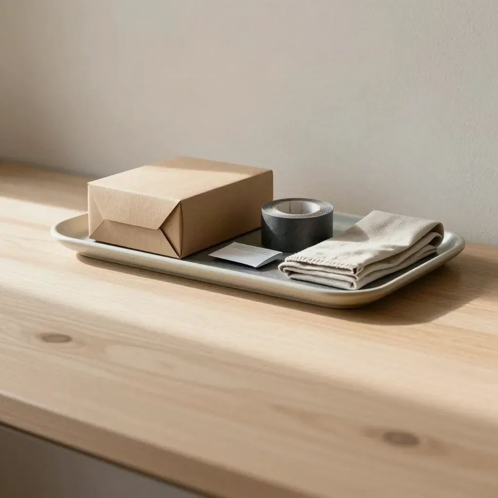 Slate tray on pale oak with shipping boxes and linen wrap in soft morning light.